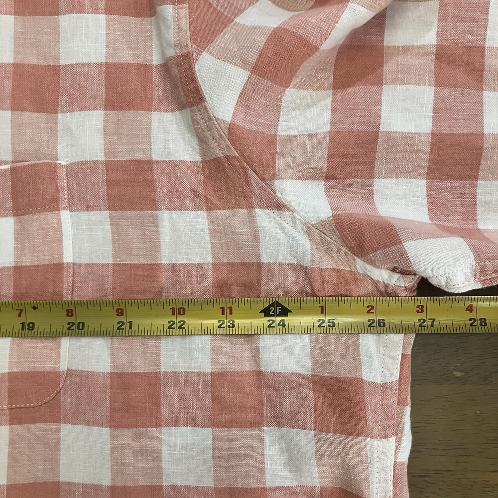 LL Bean Shirt Mens Tall XLT Linen Short Sleeve Slightly Fitted Salmon Pink Plaid - Picture 6 of 8